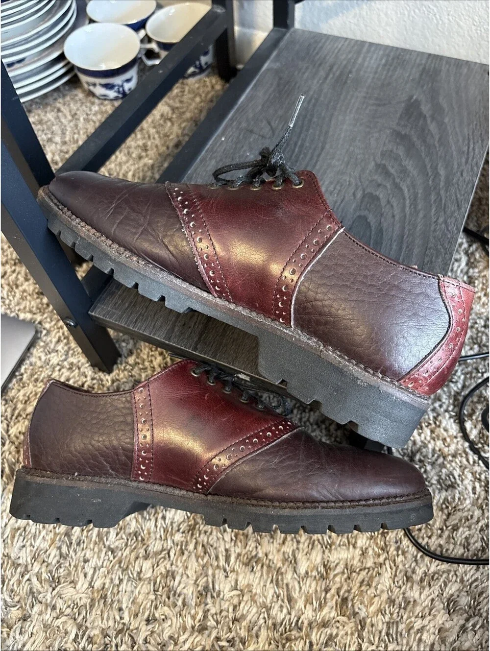 H.S. Trask Two-Tone Saddle Oxford Bison Leather Lug Sole 1035 Shoes Men's Size 8